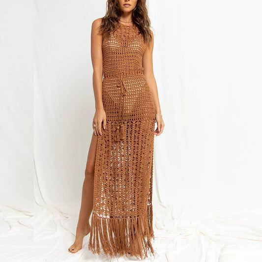 Solid Color Tassels Bikini Swimwear Cover Up Dress HL9702
