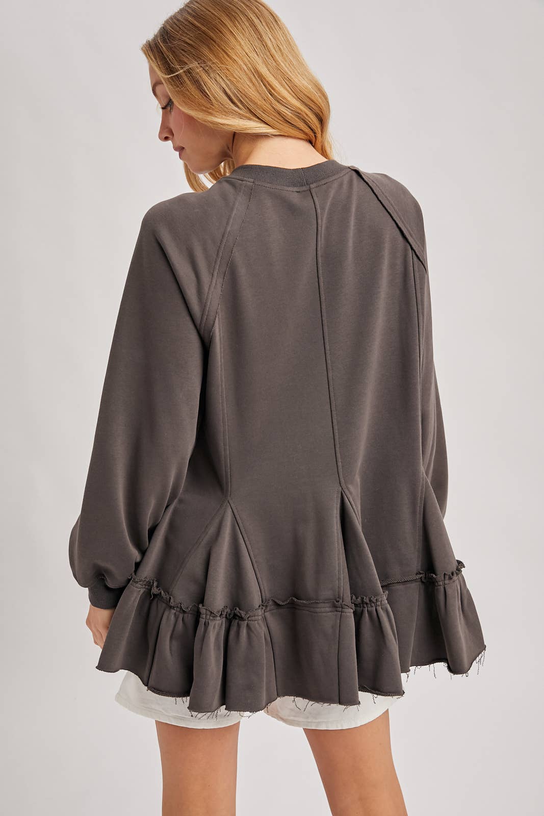 FRENCH TERRY RUFFLED TIERED HEM TUNIC SWEATSHIRT