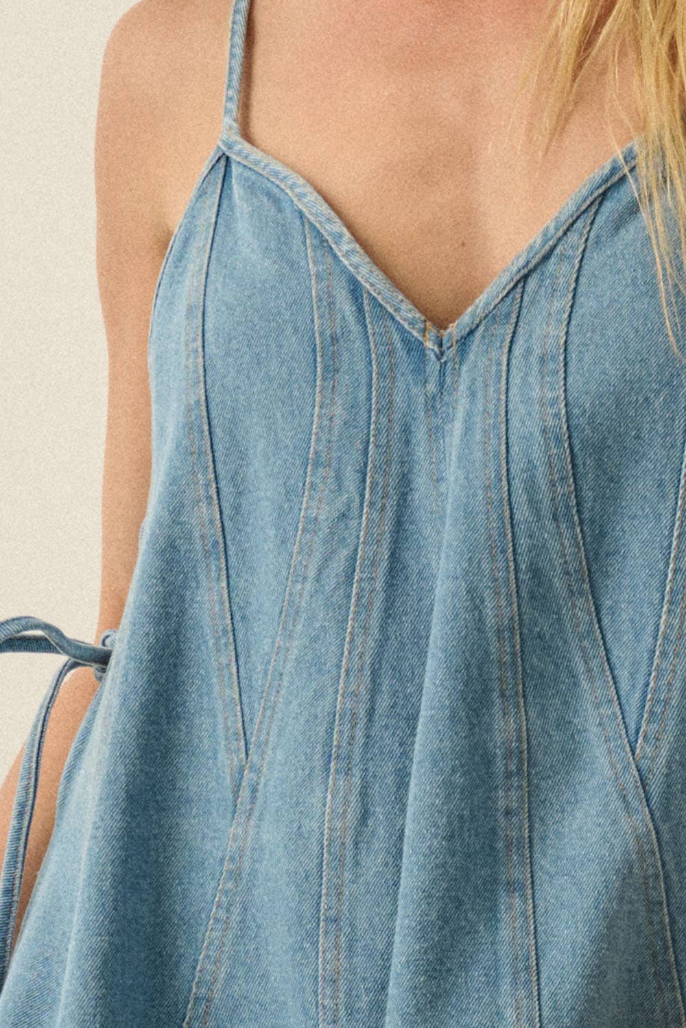 Denim Paneled A-Line Side-Tie Babydoll Pocket Mini Dress