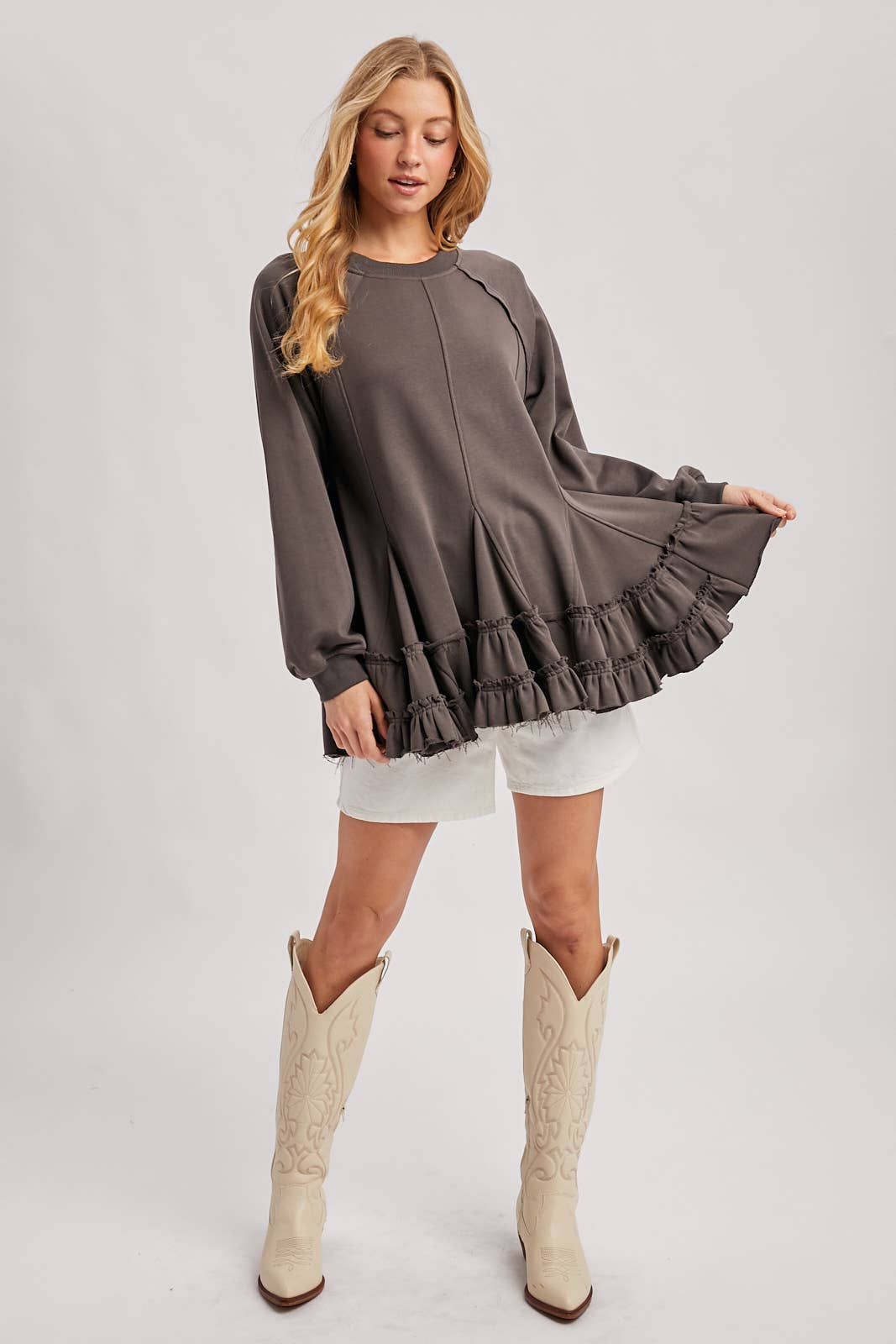 FRENCH TERRY RUFFLED TIERED HEM TUNIC SWEATSHIRT