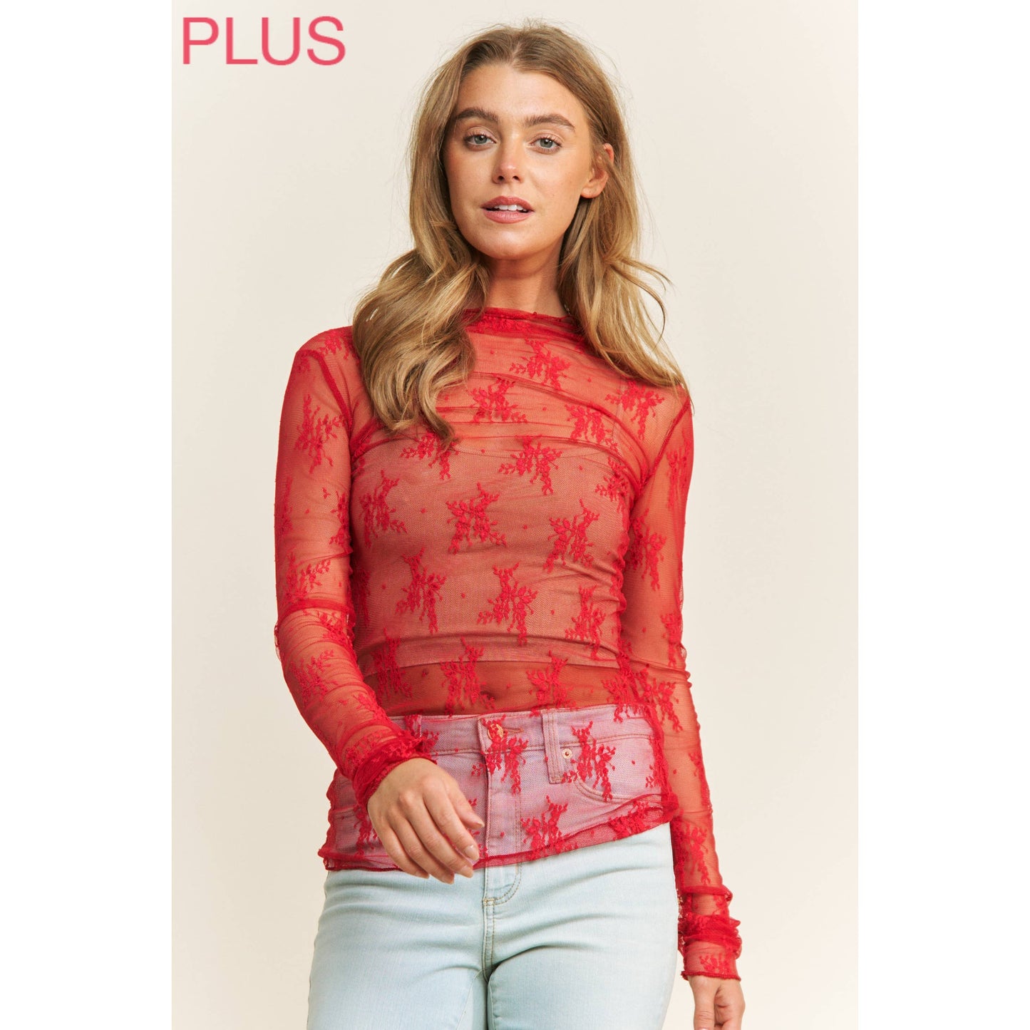 PLUS LACE HIGH NECK DESIGN LONG SLEEVE FITTED TOP