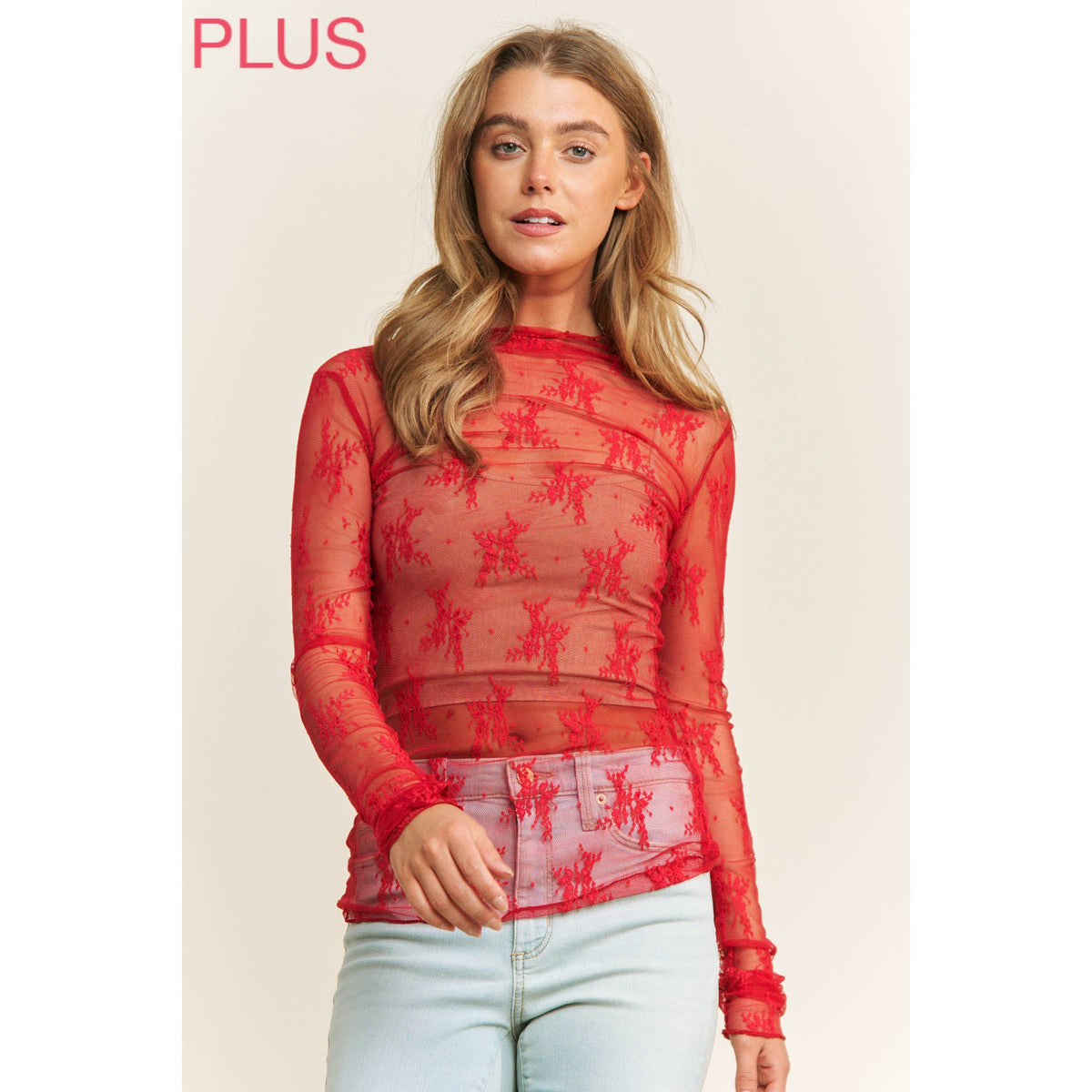 PLUS LACE HIGH NECK DESIGN LONG SLEEVE FITTED TOP