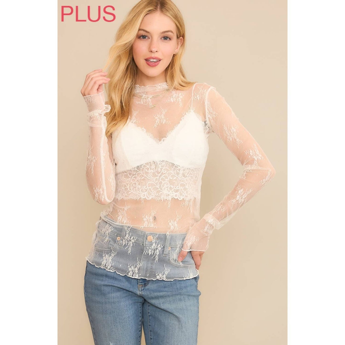 PLUS LACE HIGH NECK DESIGN LONG SLEEVE FITTED TOP