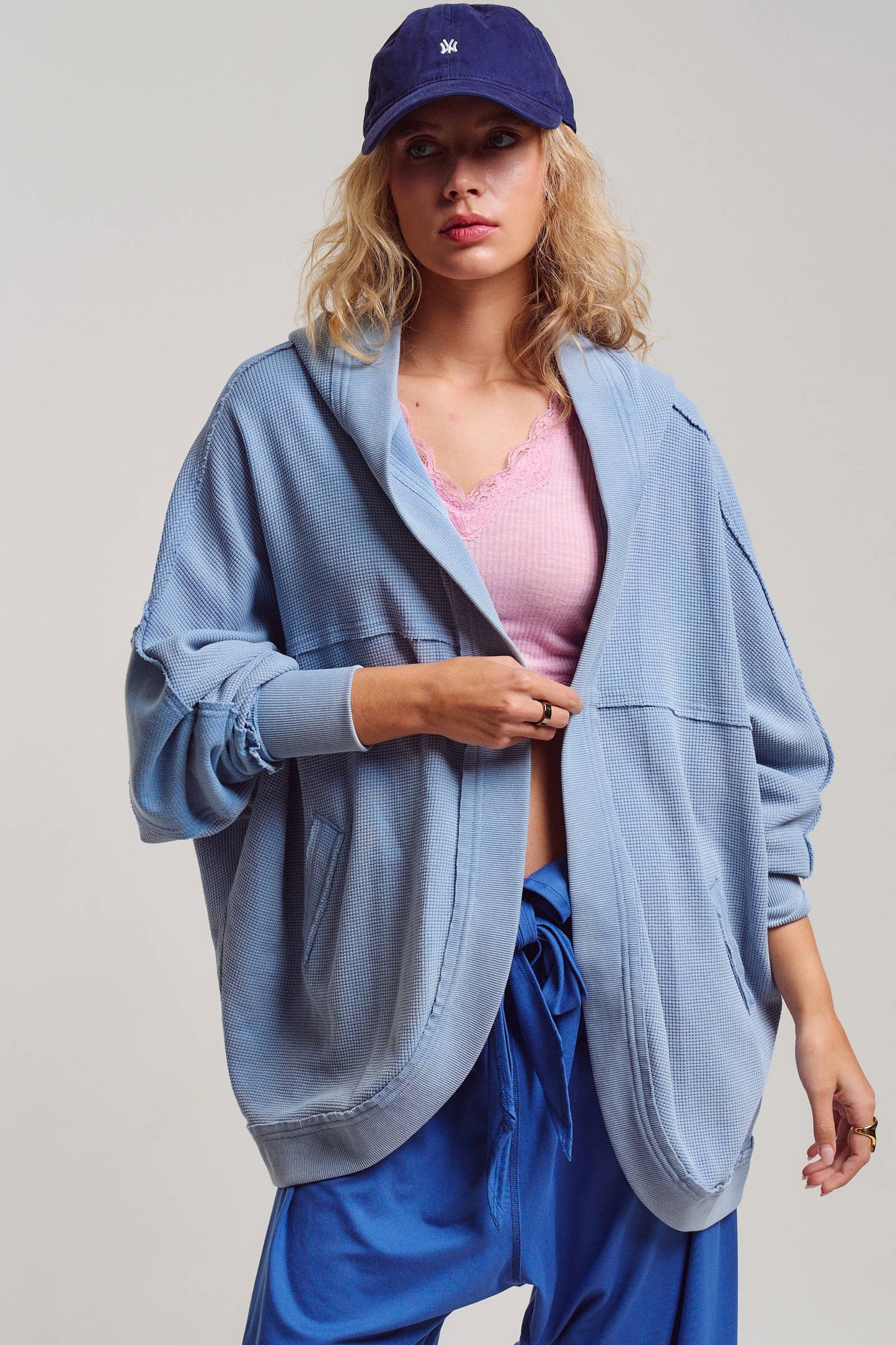 Washed Waffle Knit Hooded Cardigan