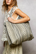 Bohemian Printed Quilted Striped Bias Tape Woven Tote Bag