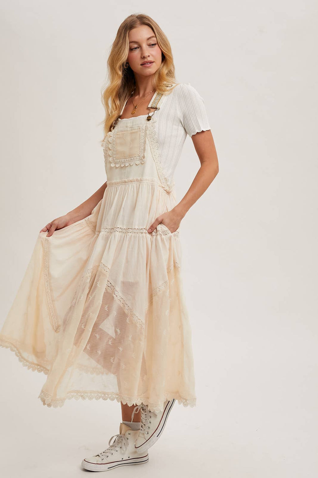 LACE EMBROIDERED TULLE BIB MAXI DRESS