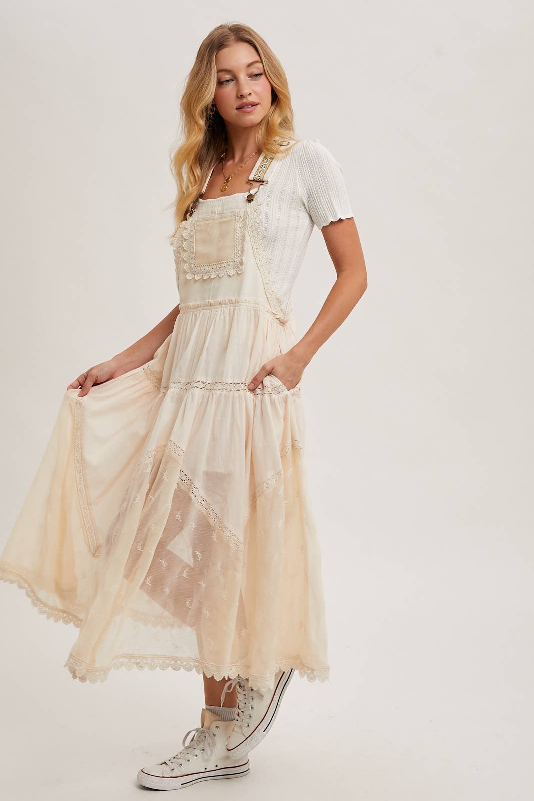 LACE EMBROIDERED TULLE BIB MAXI DRESS