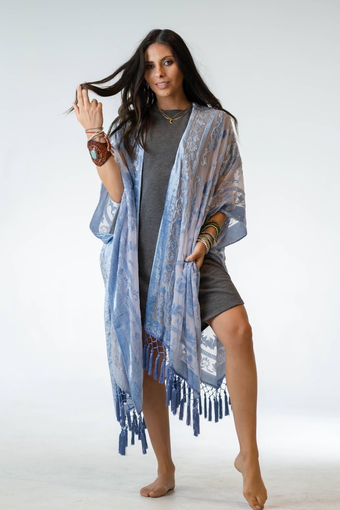 Crushin' On You Velvet Kimono - Blue