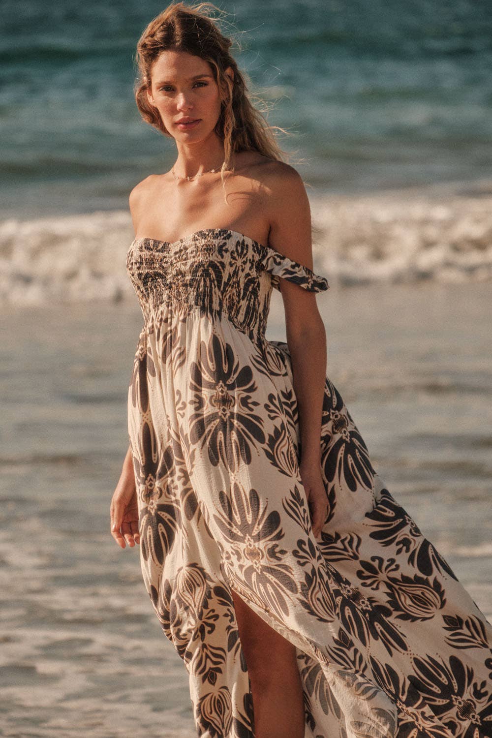 Ornate Floral-Print Smocked Off-Shoulder Maxi Dress