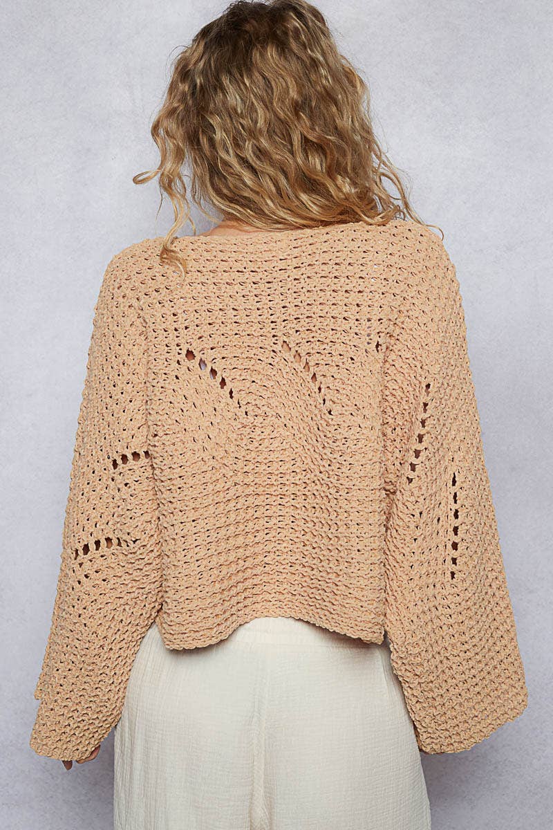 Round neck semi cropped chenille solid sweater