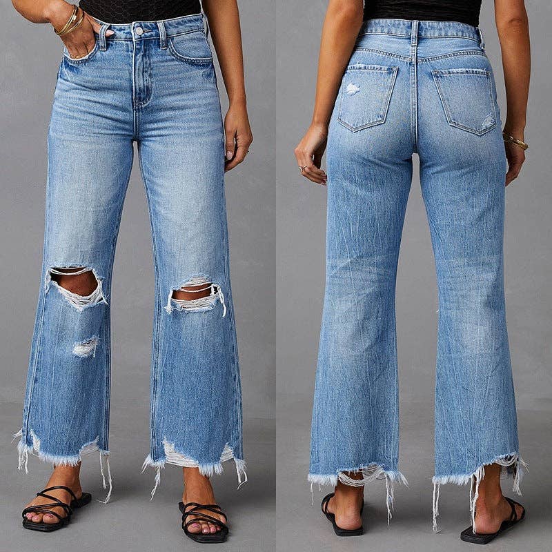 High Waist Distressed Wide Leg Denim Pants with Tie-Dye Wash