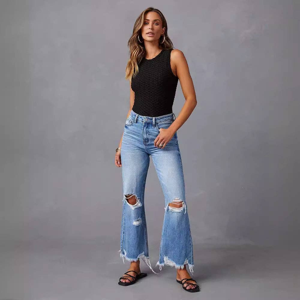 High Waist Distressed Wide Leg Denim Pants with Tie-Dye Wash